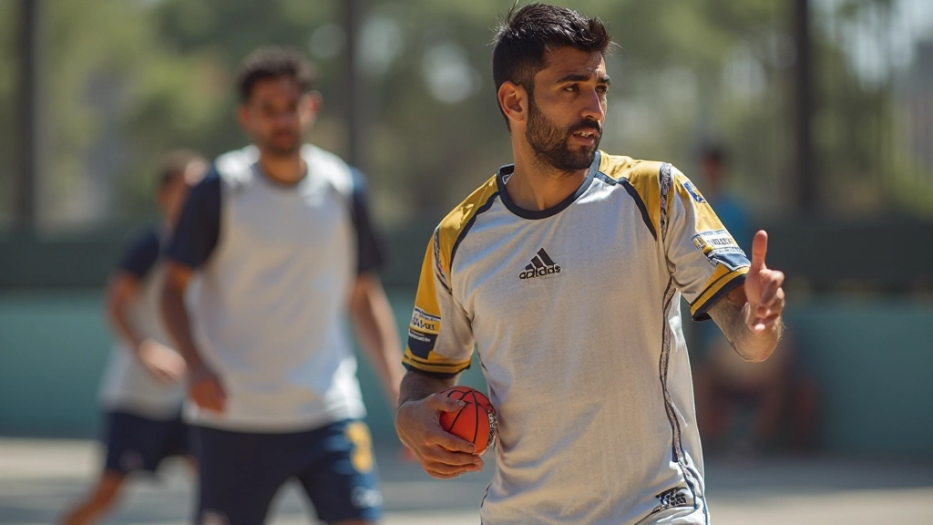 لاعبو كرة يد يتدربون على تقنيات التصويب في الملعب بتركيز عالي