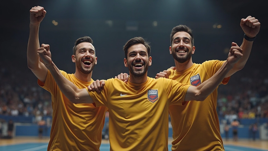 لاعبو كرة يد يحتفلون بفوز فريقهم في مباراة مهمة